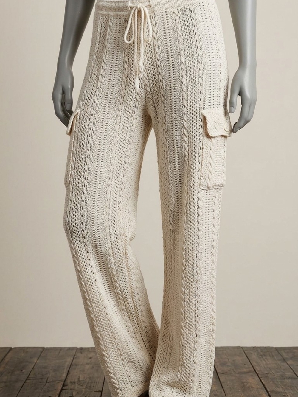 Crochet Cutout Knit Cargo Wide-Leg Pants in Cream